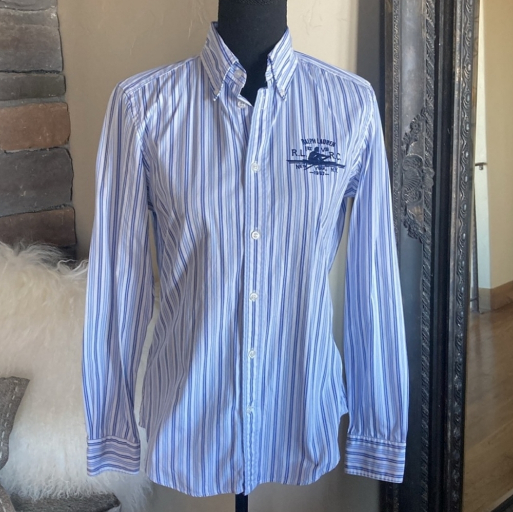 Vintage 90s Polo Ralph Lauren Rowing Club Embroidered Blue Striped Shirt